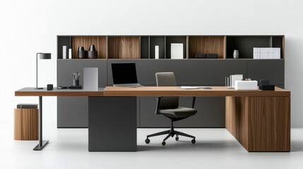 Poster - A minimalist home office with a sleek desk, a simple ergonomic chair, and a few well-organized essentials, set against a clean, white backdrop.