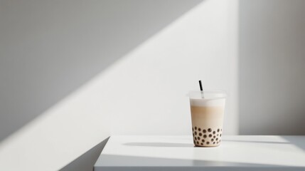 Poster - A minimalist setting with a single cup of bubble tea on a white table, emphasizing its simplicity and elegance with a clean, uncluttered background.