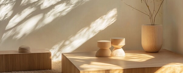Fototapete - Sunlight casting shadows on wooden furniture with plants