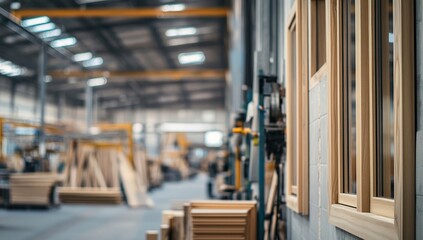 Poster - Wooden Window Frames: Manufacturing Process in Factory Setting, Detailed View of Craftsmanship and Precision