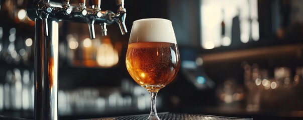 Poster - Glass of fresh beer standing on bar counter in pub