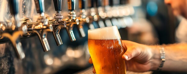 Poster - Bartender serving glass of cold beer in pub