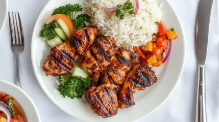 Wall Mural - A top-down view of a plate with succulent grilled chicken pieces, accompanied by side dishes like rice and vegetables, set on a clean, white tablecloth.