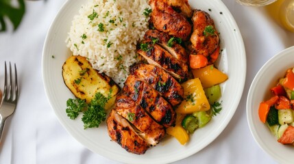 Wall Mural - A top-down view of a plate with succulent grilled chicken pieces, accompanied by side dishes like rice and vegetables, set on a clean, white tablecloth.