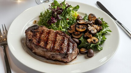 Wall Mural - A top-down view of a steak dinner plate with a perfectly cooked steak, sauted mushrooms, and a fresh green salad, presented on a white tablecloth.