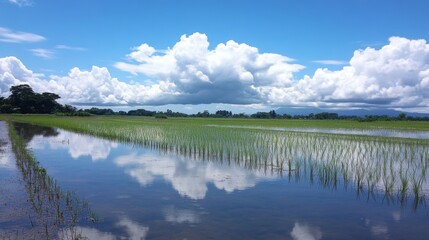 Aufkleber - A tranquil view of a rice field with a reflection of clouds and sky in the water-filled paddies, capturing the calm and beauty of the rural landscape.