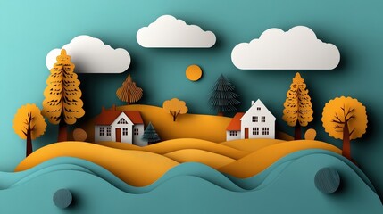 Poster - charming paper landscape scene with houses and trees artistic environment digital art vibrant colors