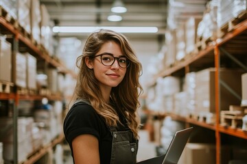 Poster - Woman Works Efficiently in Warehouse Inventory Management Using Laptop