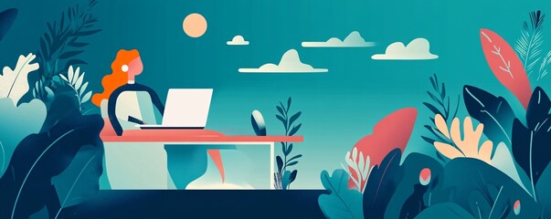 Aufkleber - Woman working on laptop surrounded by plants at home office illustration