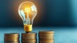 © CreativeSeven  - Rising electricity costs symbolized by light bulb on coins financial concept indoor setting close-up view