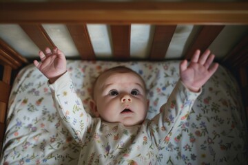 Wall Mural - Curious baby in crib with hands lifted up in soft indoor light