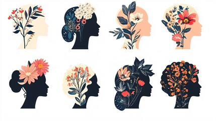 Poster - Set of woman face silhouette with flowers growing inside representing mental health awareness