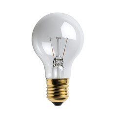Poster - Light bulb illuminated against a black background with focus on the glass and filament details on white background , cut out.