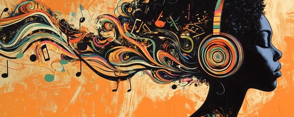 Poster - Woman listening to music with colorful notes flowing from headphones