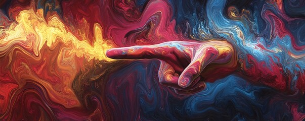 Poster - Hand pointing with index finger creating colorful swirls abstract art