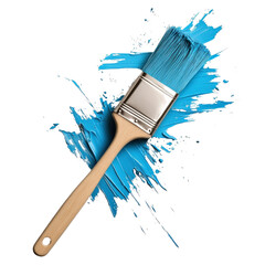 Poster - Paint brush with blue paint stroke on white canvas creating artistic abstract design on white background , cut out.