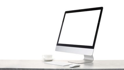 Aufkleber - Computer monitor, keyboard, mouse and cup of drink on grey desk against white background
