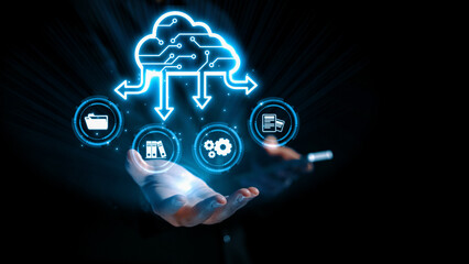 Wall Mural - Business person discover the future of cloud computing with latest insights and elevate business by integrating cloud computing technology. Embrace the cloud era with innovative computing UUID