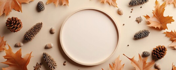 Aufkleber - Round frame surrounded by autumn decoration on light brown background