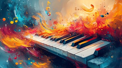 Aufkleber - Piano keys exploding with colorful passionate music notes background