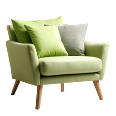 Poster - Green chair with two decorative pillows in a modern living room setting isolated on a white background,