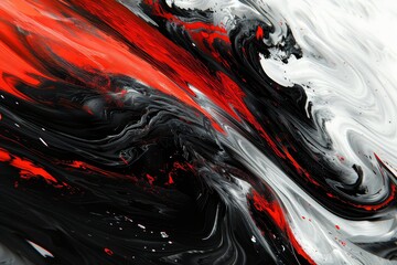 Poster - Closeup view of abstract art showcasing bold black and red paint strokes swirling across a white background. The striking colors create a powerful visual impact and depth.