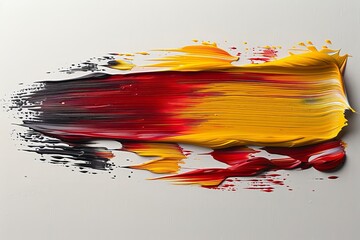 Poster - A dynamic brushstroke of yellow and red paint spreads across a white canvas. The closeup view highlights the blend of colors and texture showcasing artistic expression in detail.