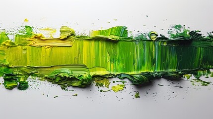 Poster - A detailed closeup shows a single brushstroke of yellow green paint applied on a white background highlighting texture and color variation in the artwork created.