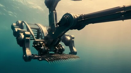 Poster - complex machinery operates beneath the ocean surface, equipped with robotic arms and specialized har