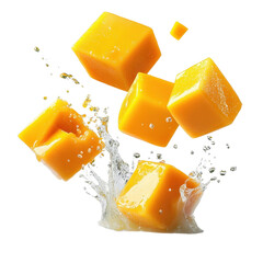 Aufkleber - Falling orange cubes splashing into a clear liquid creating ripples and waves isolated on a white background,