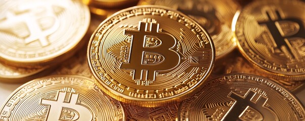 Leinwandbilder - Golden bitcoin coins laying on top of each other