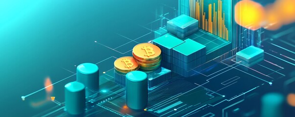Leinwandbilder - Bitcoin cryptocurrency growing on circuit board with digital charts
