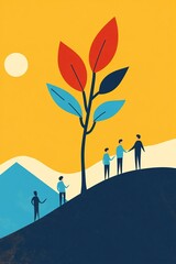 Poster - Business people climbing a hill towards success with a growing tree