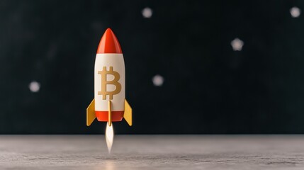 Wall Mural - A colorful rocket with a Bitcoin symbol on it, poised for launch against a dark background sprinkled with stars.