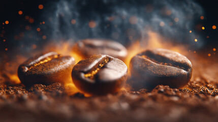 Roasted coffee beans glowing with intense heat and aromatic smoke