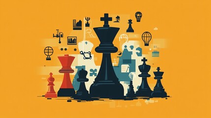 Poster - Business strategy and planning with chess pieces on yellow background