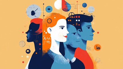 Aufkleber - Team of three business people looking towards future with data analysis and business intelligence