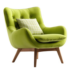 Poster - Green chair with a decorative pillow placed on it in a modern living room setting isolated on a white background,