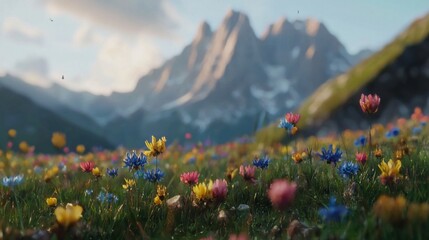 Wall Mural - Vibrant Wildflowers Blooming in an Alpine Meadow with Majestic Mountains in the Background at Golden Hour