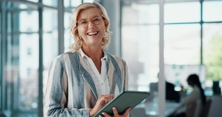 Leinwandbilder - Business, tablet and face of woman in office for research project, online website and internet. Happy, company and portrait of person on digital tech for planning, networking and proposal report