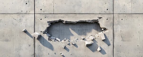 Poster - Destroyed concrete wall with a big hole representing destruction