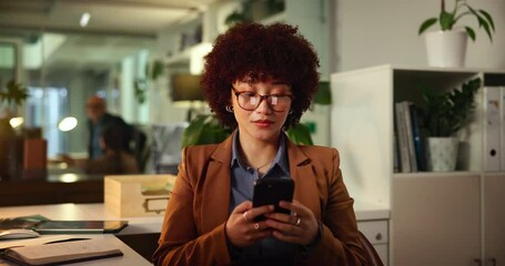 Poster - Office, night and businesswoman with mobile for chat, online joke and reel comment on social media. Late, female person and smile with smartphone for application, scroll and text message to contact