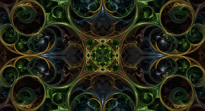 Intricate Floral Pattern Fractal Art with Green and Gold Tones