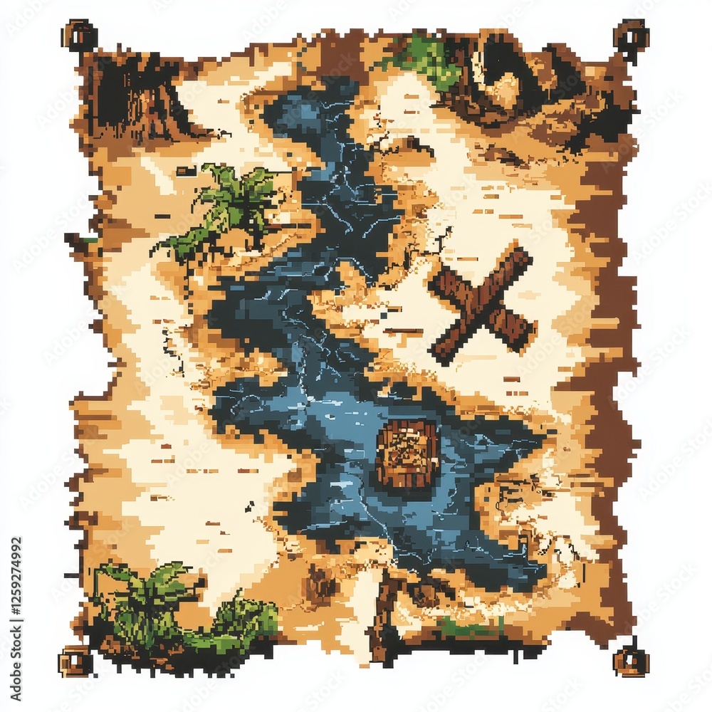 Pixel Art Map Depicting Ancient Treasure with Markings and Details ...