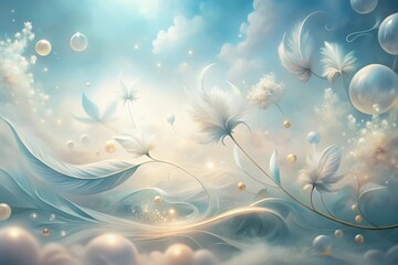 Wall Mural - Ethereal Dreamscape Soft, feathery flora dances amidst a gentle, swirling pastel sky, adorned with luminous orbs and delicate, glowing particles.