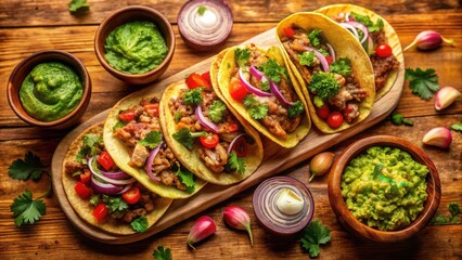 Wall Mural - Aromatic Savory Tacos with Zesty Garnishes and Creamy Dips on Rustic Wooden Board