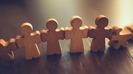 Poster - Wooden figures holding hands in a line representing teamwork