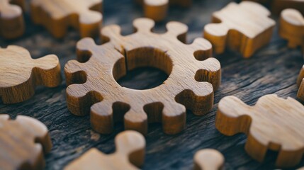 Poster - Wooden puzzle pieces forming circular shape on rustic wood background