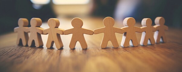 Poster - Wooden figures holding hands showing concept of teamwork and togetherness