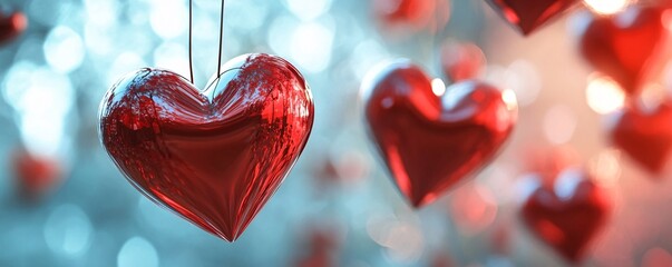 Poster - Red hearts hanging on string creating romantic bokeh background